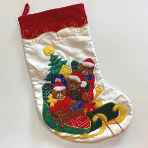 Vintage Christmas Stocking with Cute Bears on Sleigh Ride
